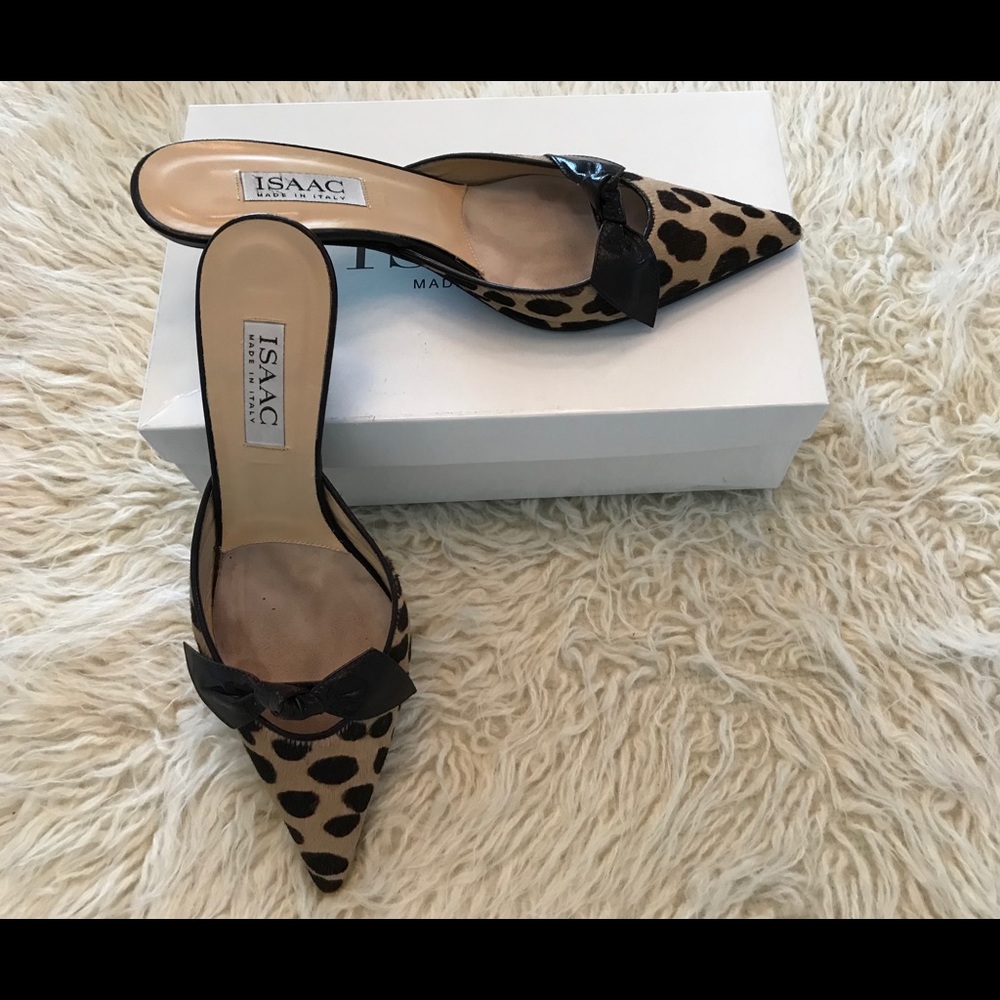 ISAAC Leopard calf Hair pointy toe kitten heel mule with a leather w/bow
